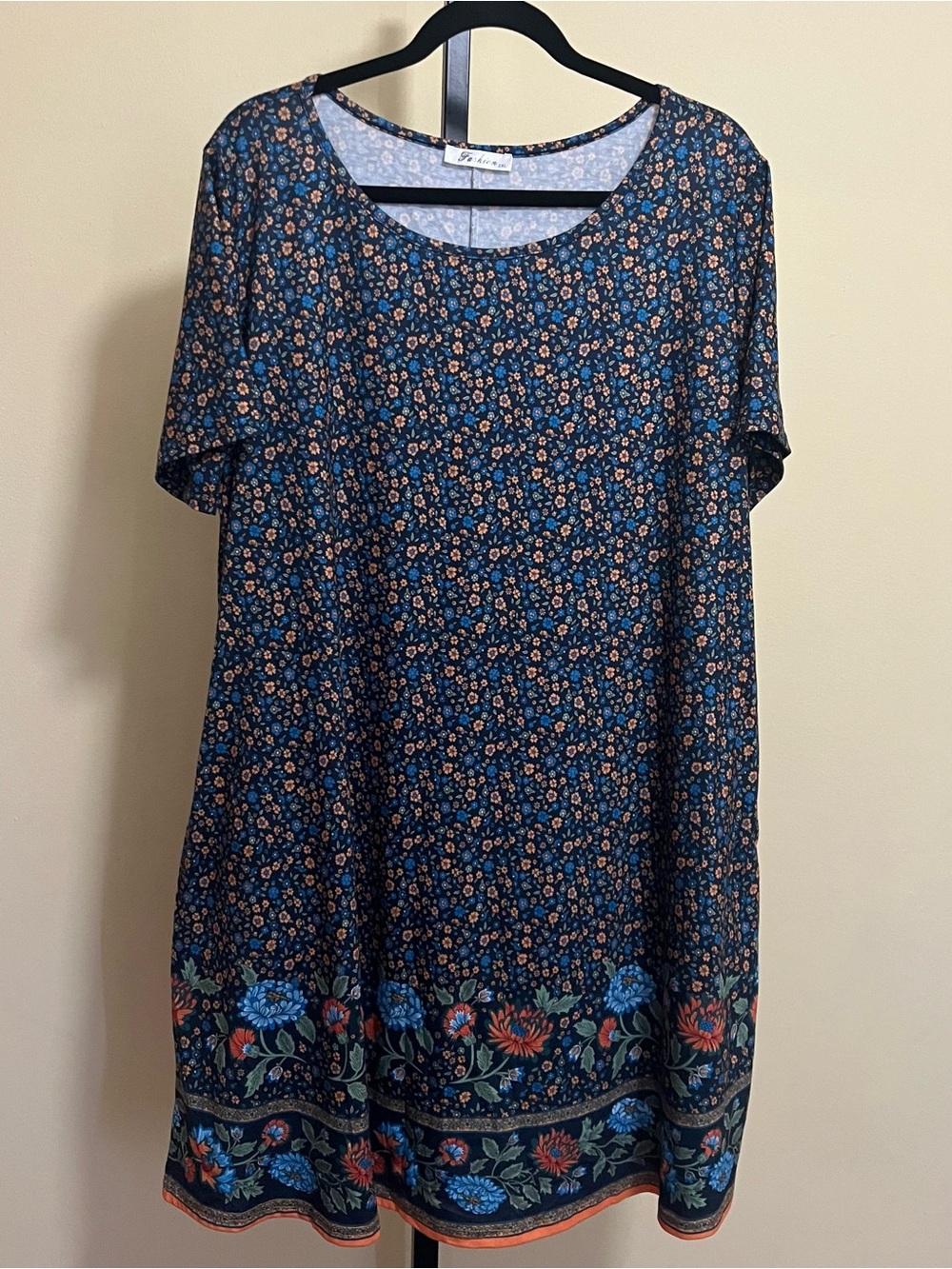 Fashion Women's Navy Floral Border Short Sleeve Midi Tunic Dress